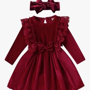Toddler Velvet Ruffle Long Sleeves Dress with Headband